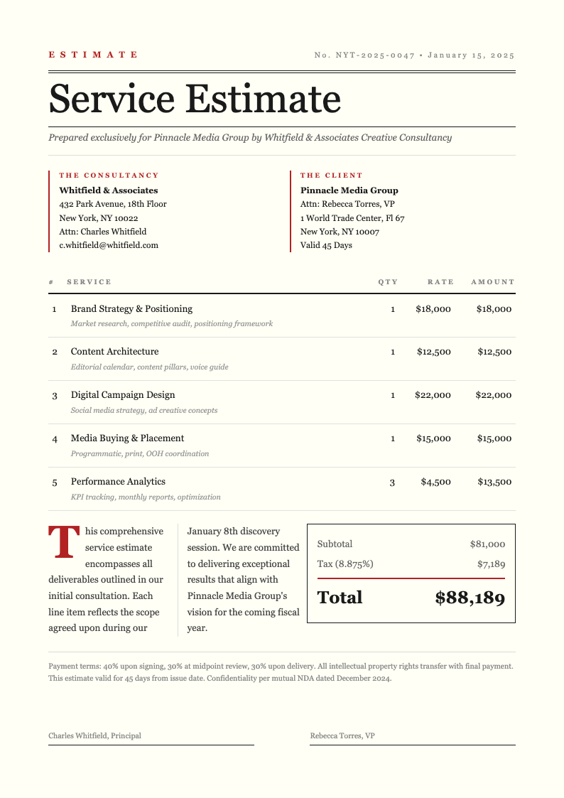 New York editorial service estimate